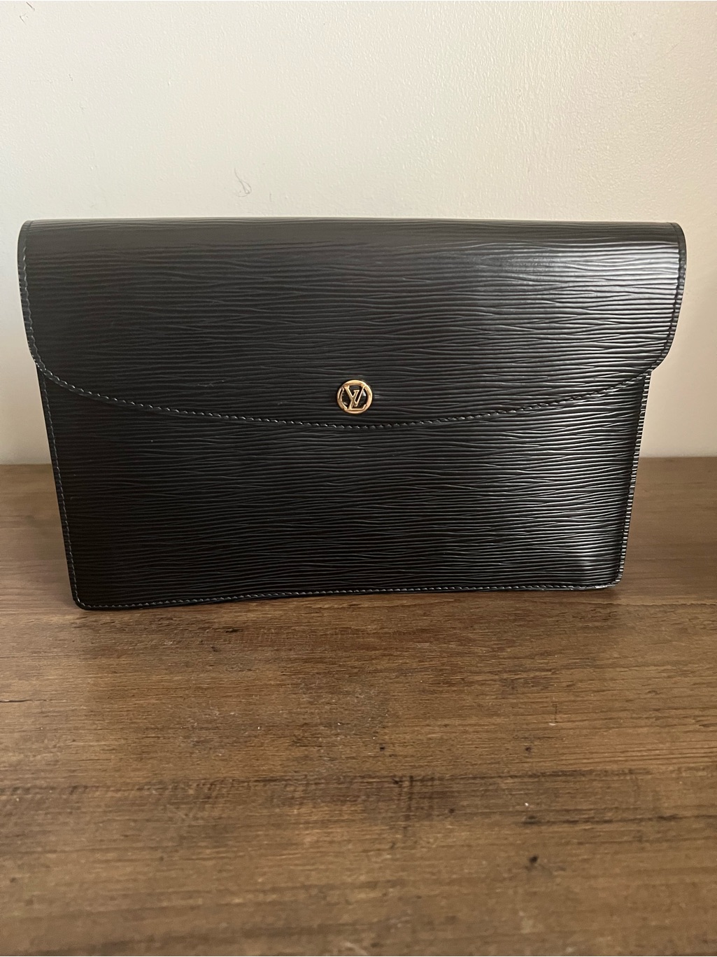 Louis Vuitton Black Epi Leather Clutch With Gold Lv Button